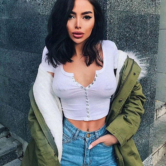DressBetty - Basic Button Casual Crop Top