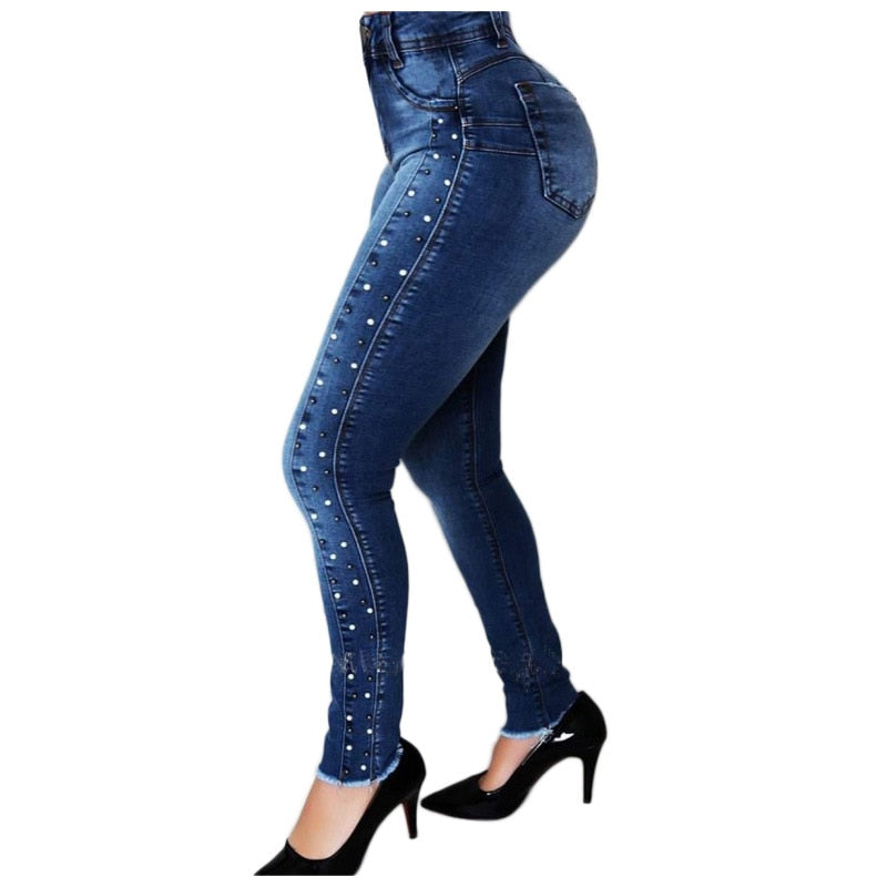 DressBetty - Dark Blue High Waist Beaded Street Fashion Casual Push Up Hip Jeans