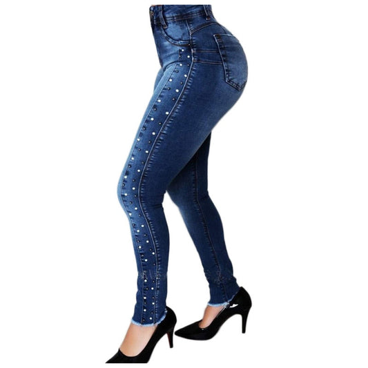 DressBetty - Dark Blue High Waist Beaded Street Fashion Casual Push Up Hip Jeans