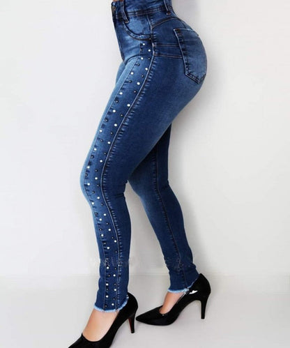 DressBetty - Dark Blue High Waist Beaded Street Fashion Casual Push Up Hip Jeans