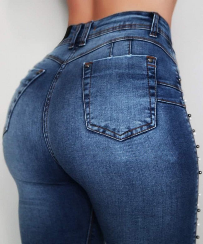 DressBetty - Dark Blue High Waist Beaded Street Fashion Casual Push Up Hip Jeans