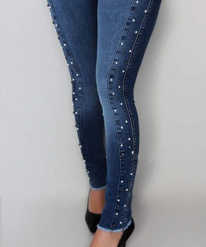 DressBetty - Dark Blue High Waist Beaded Street Fashion Casual Push Up Hip Jeans