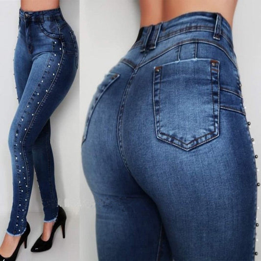 DressBetty - Dark Blue High Waist Beaded Street Fashion Casual Push Up Hip Jeans