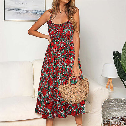 DressBetty - Sexy Sling Ruffle Dress Floral Print Button Sundress