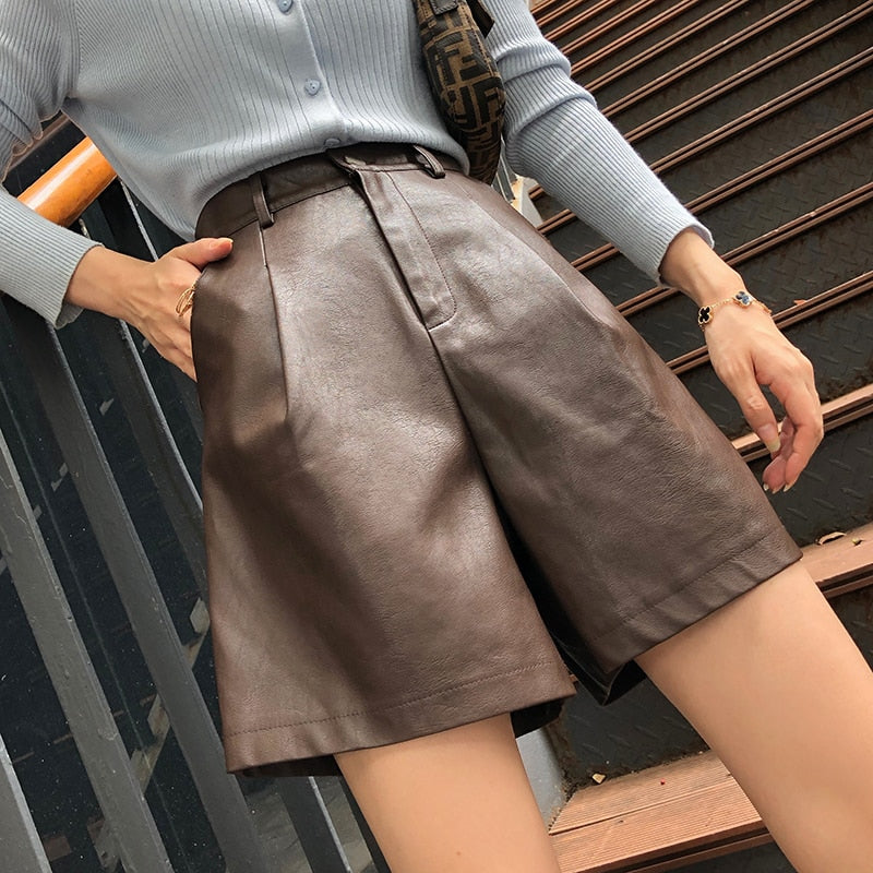 DressBetty - Half Leather Shorts Kahiq Shorts PU Elastic High Waisted Wide Leg Loose Short Pants