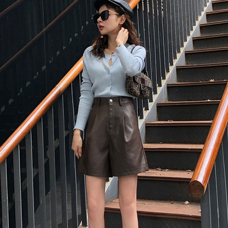 DressBetty - Half Leather Shorts Kahiq Shorts PU Elastic High Waisted Wide Leg Loose Short Pants