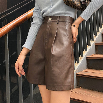 DressBetty - Half Leather Shorts Kahiq Shorts PU Elastic High Waisted Wide Leg Loose Short Pants