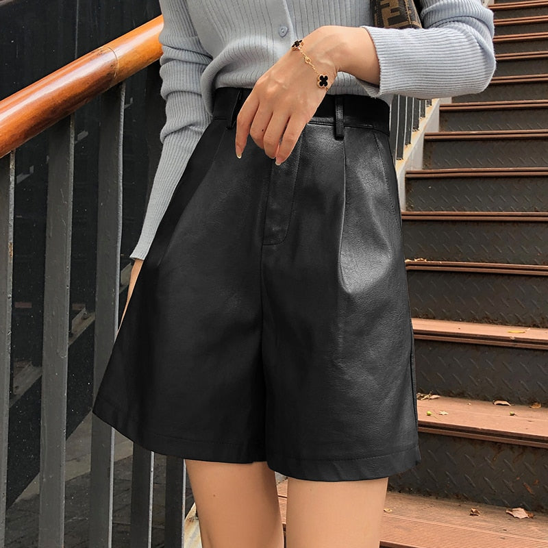 DressBetty - Half Leather Shorts Kahiq Shorts PU Elastic High Waisted Wide Leg Loose Short Pants