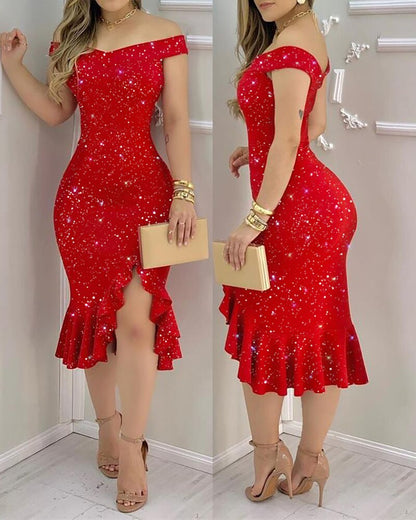 DressBetty - Elegant Sexy Glitter Off-Shoulder Ruffles Slit Midi Dress Sexy Party Solid Dress
