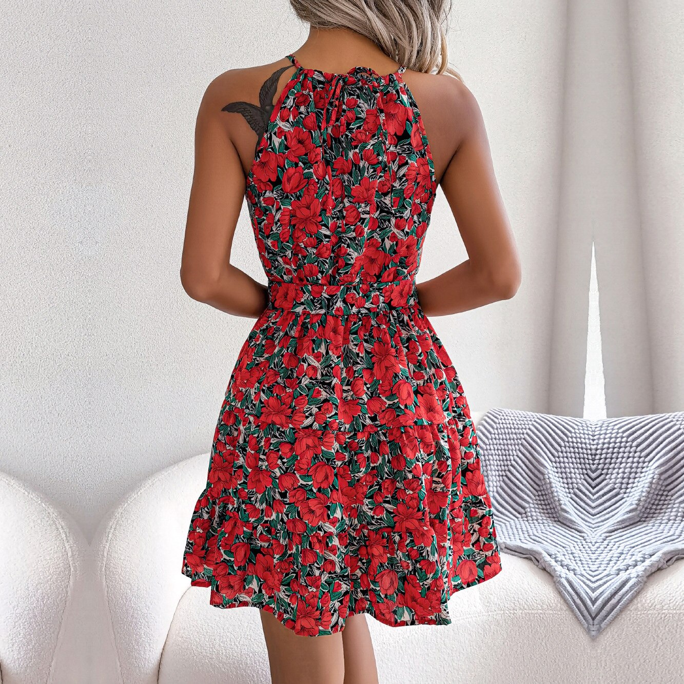 DressBetty - Halter Lace Up Ruffled Floral Dress