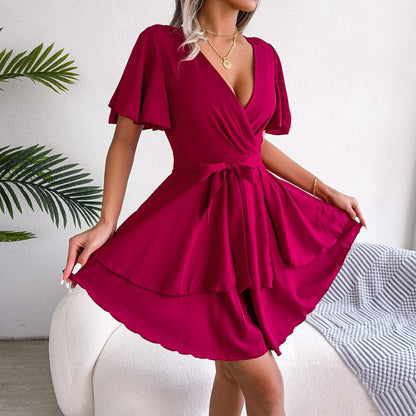 DressBetty - Lotus Leaf Sleeve Cross V-Neck Dress