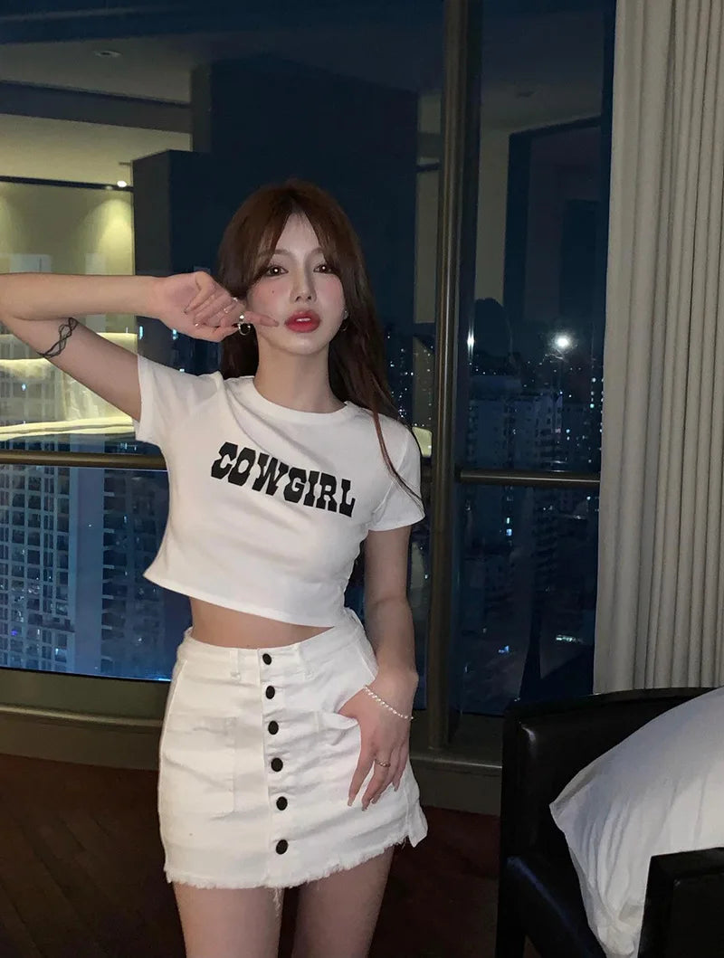 DressBetty - 2024 Harajuku "Cowgirl" Print Slim Crop Top