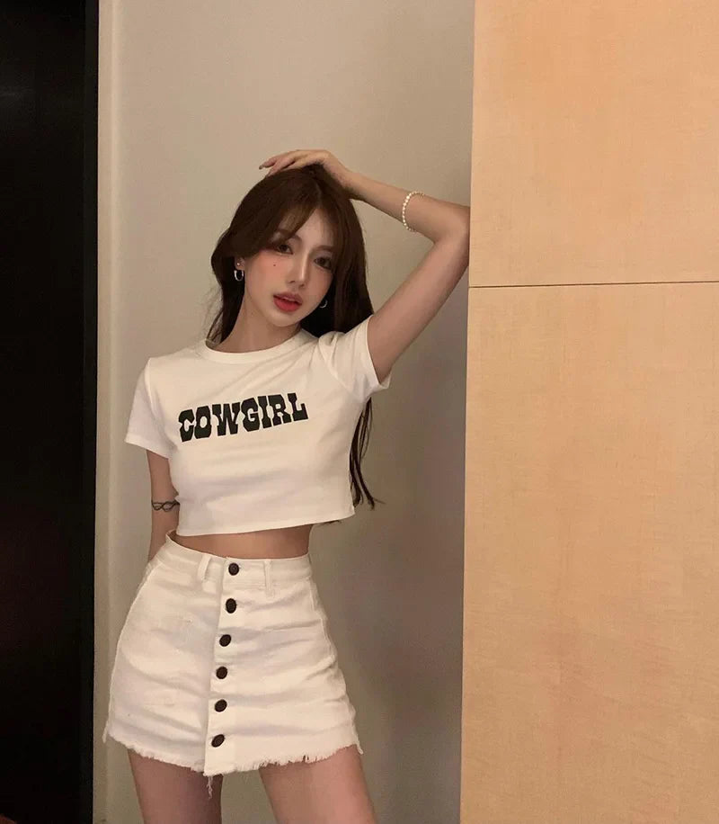 DressBetty - 2024 Harajuku "Cowgirl" Print Slim Crop Top