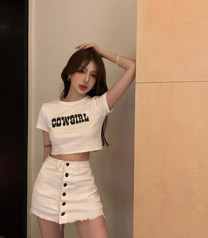 DressBetty - 2024 Harajuku "Cowgirl" Print Slim Crop Top