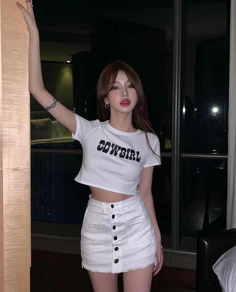 DressBetty - 2024 Harajuku "Cowgirl" Print Slim Crop Top