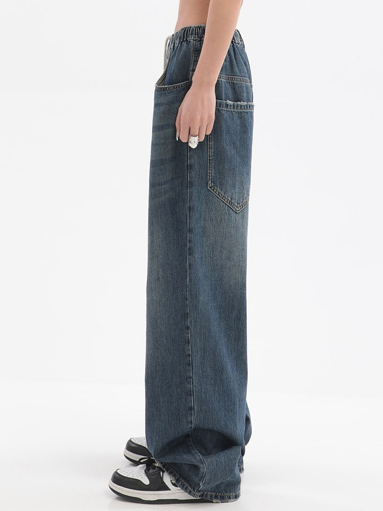 DressBetty - Vintage Baggy Jeans Elastic Waist Oversized Long Trouser Denim Wide Leg Streetwear