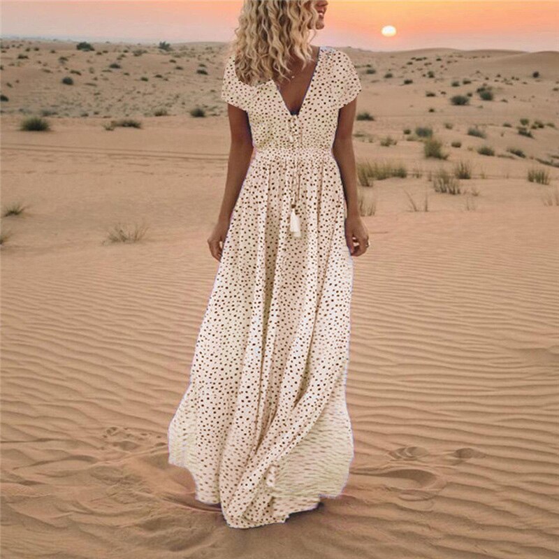 DressBetty - Print Long Party Dress Tassel Maxi Dress Summer Short Sleeve Dresses