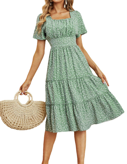 DressBetty - Women Summer Dress Square Collar Short Puff Sleeve Floral Dresses