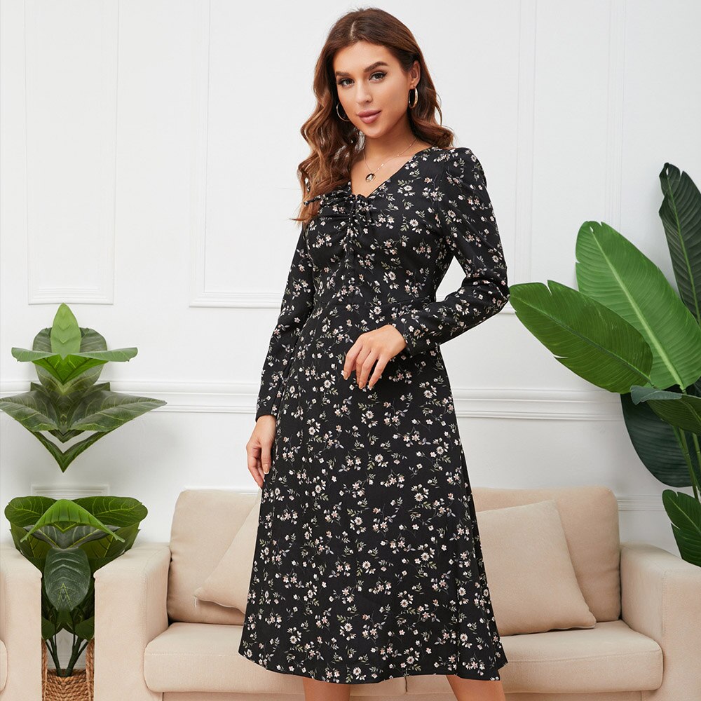 DressBetty - Chic Drawstring Floral Dress
