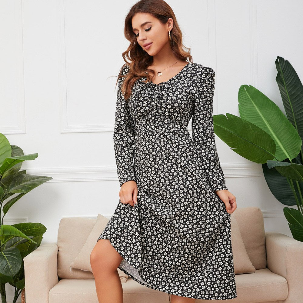 DressBetty - Chic Drawstring Floral Dress