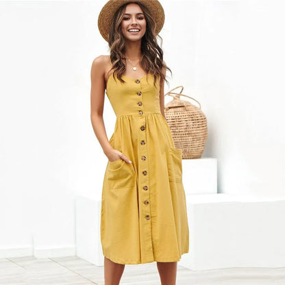 Button Open Back Red Casual Midi Dress
