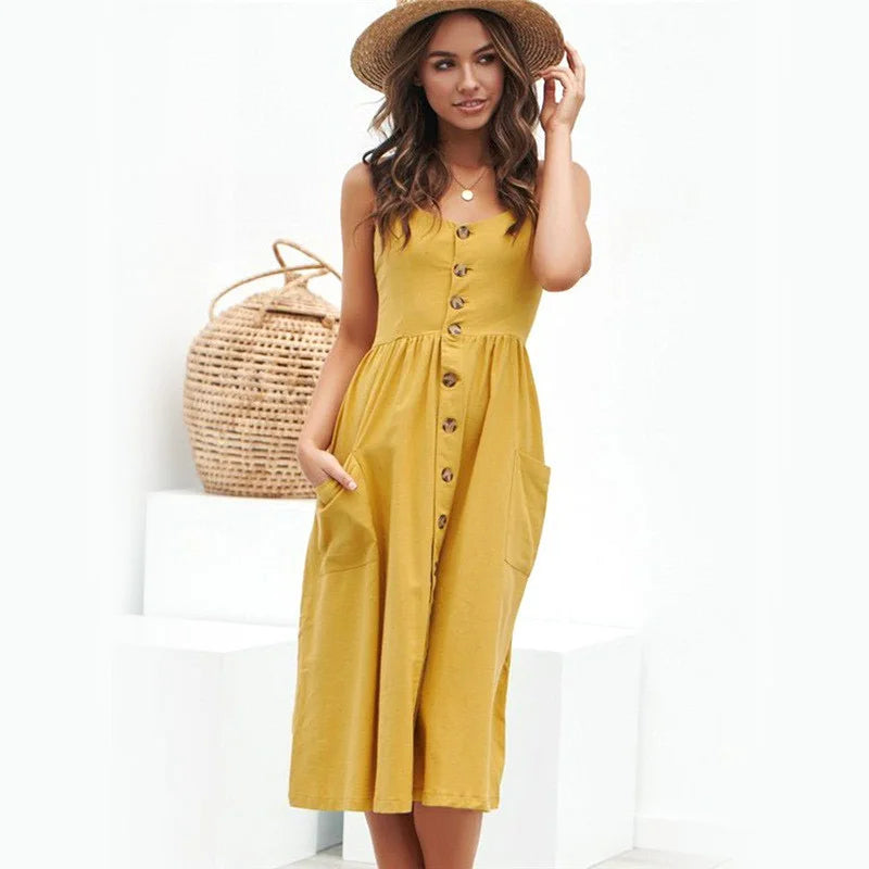 Button Open Back Red Casual Midi Dress