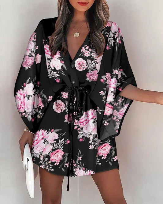 DressBetty - Casual Flora Print Batwing Sleeve Lace-Up Dress