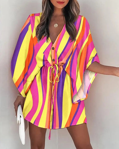 DressBetty - Casual Flora Print Batwing Sleeve Lace-Up Dress