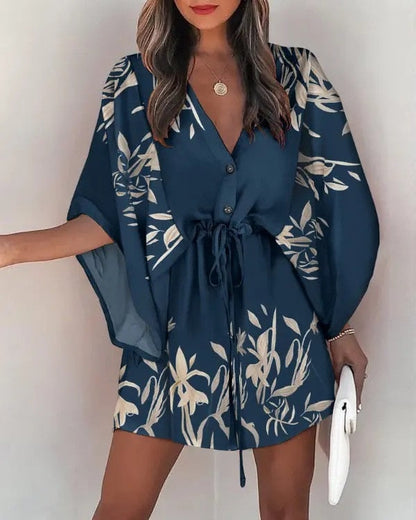 DressBetty - Casual Flora Print Batwing Sleeve Lace-Up Dress
