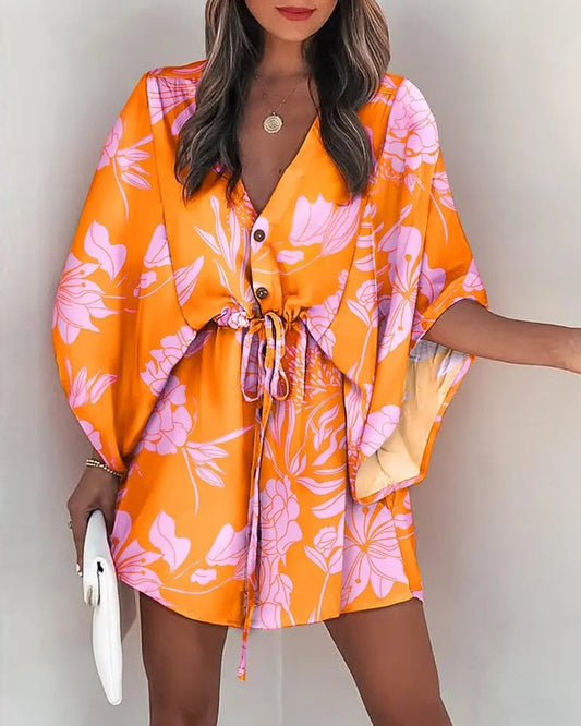 DressBetty - Casual Flora Print Batwing Sleeve Lace-Up Dress