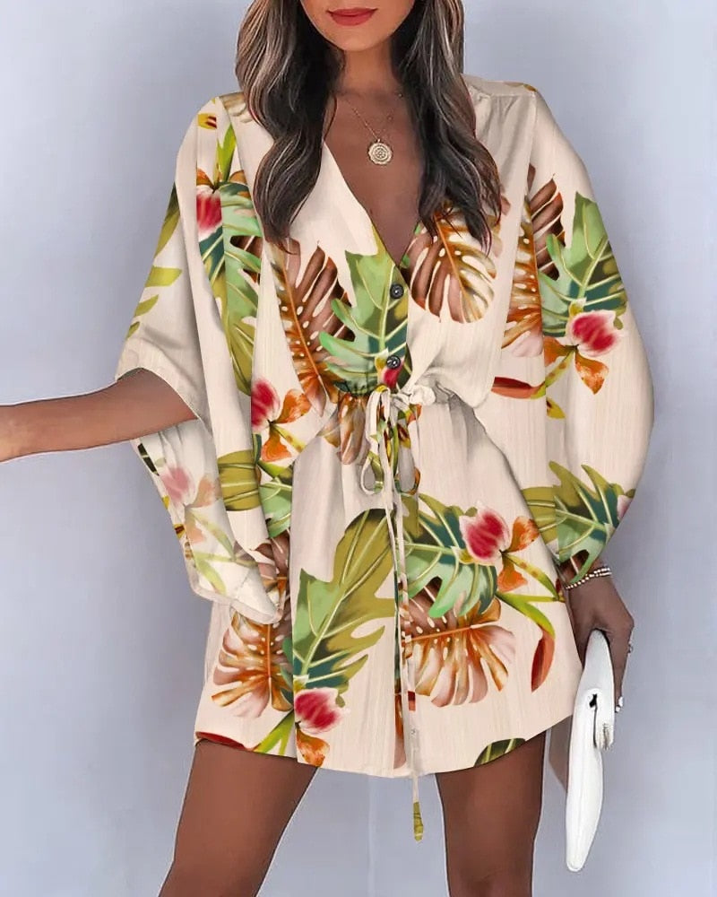 DressBetty - Casual Flora Print Batwing Sleeve Lace-Up Dress