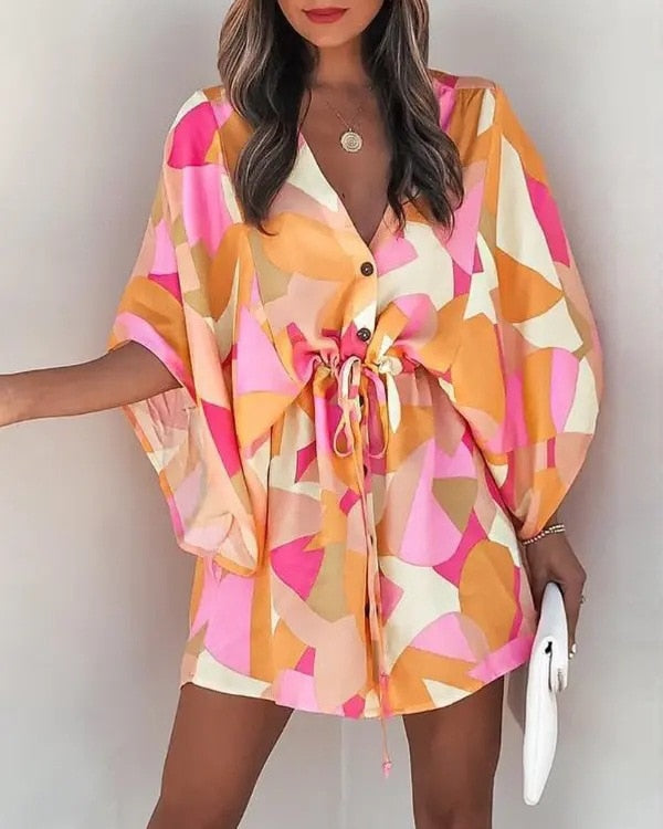 DressBetty - Casual Flora Print Batwing Sleeve Lace-Up Dress