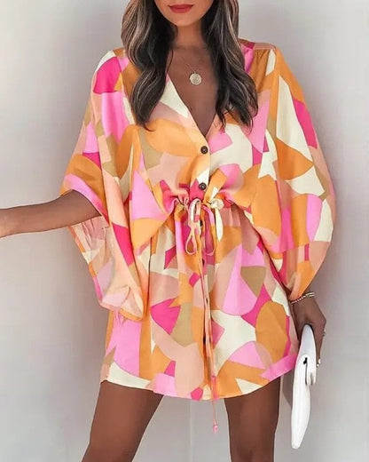 DressBetty - Casual Flora Print Batwing Sleeve Lace-Up Dress