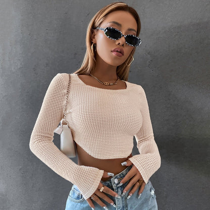 DressBetty - Long Sleeve Square Neck Knitted Crop Top Women Y2k Sexy T Shirts