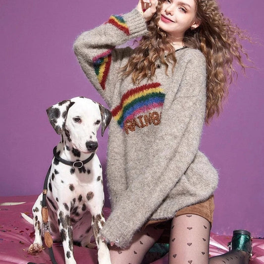Winter Christmas Rainbow Khaki Warm Loose Pullover Sweater