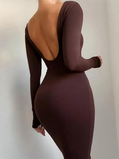 Backless Long Sleeve Brown Midi Dress