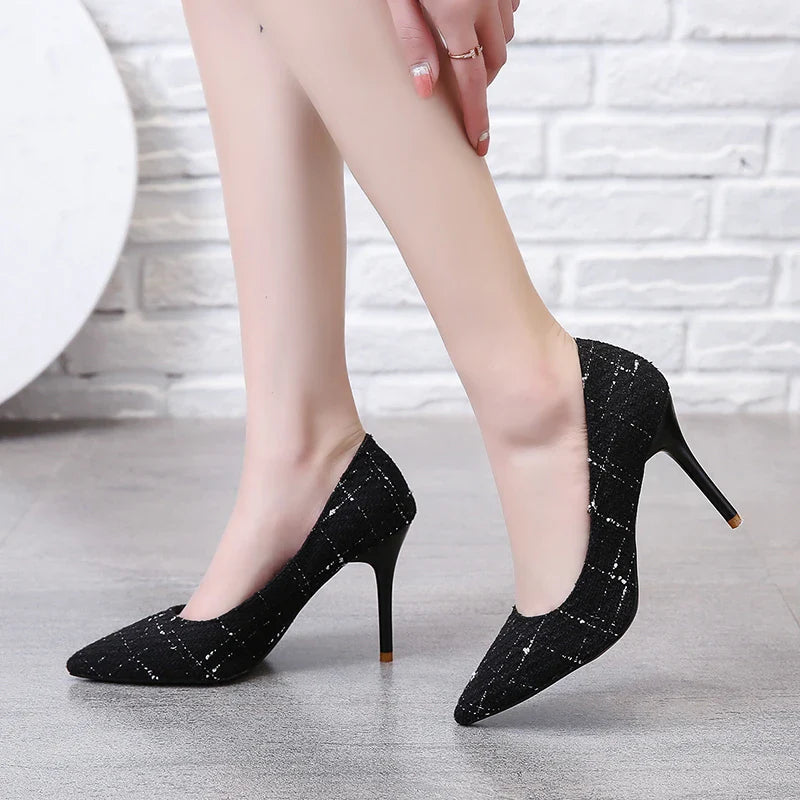Simple Color Matching Plaid Design Shopping Walking New Style High Heel