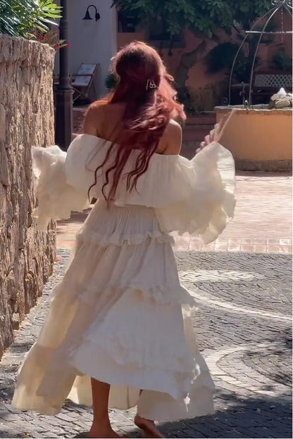 Flowy Off Shoulder Crop Top & Ruffled Maxi Skirt Set