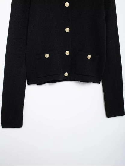 Gold Decorated Row Button Short Knitted Cardigan