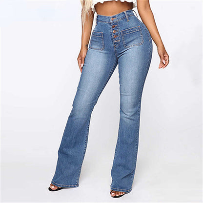 DressBetty - High Waist Elastic Jeans Women Button Washed Denim Pants Femme Pocke