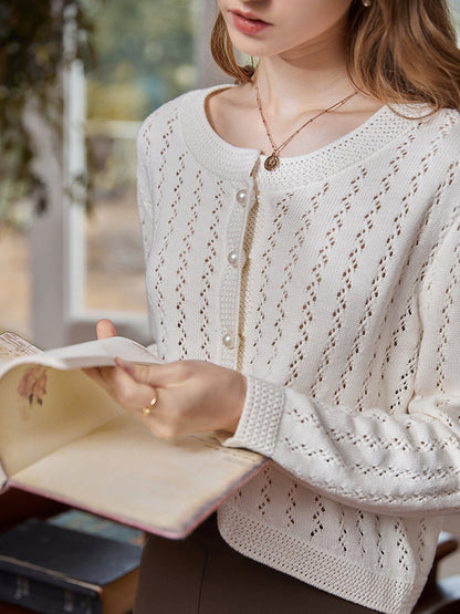 Althea Hollow Classic Knit Cardigan-White