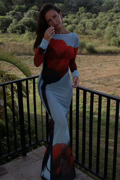 Abstract Print Sheer Maxi Dress