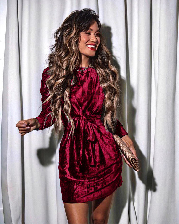 DressBetty - Tie Round Neck Velvet Dress