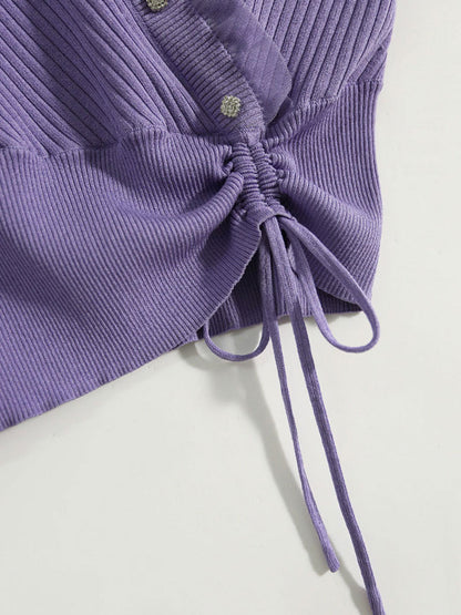 Sydney Elegant V-neck Drawstring Knitted Top-Purple