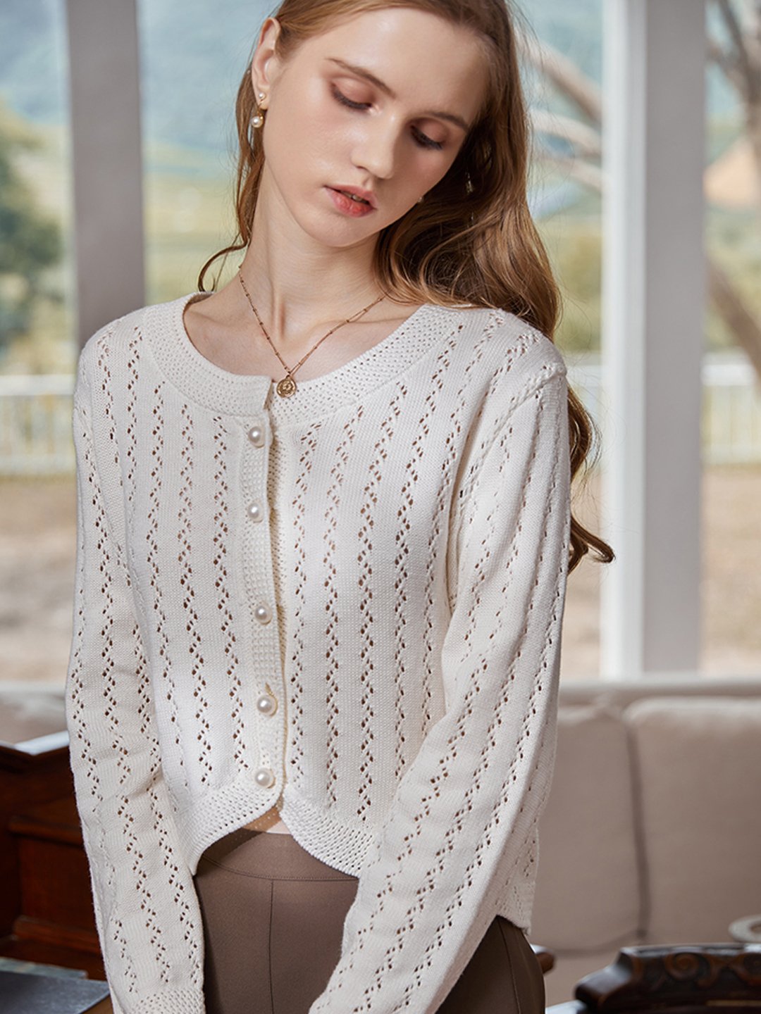 Althea Hollow Classic Knit Cardigan-Green