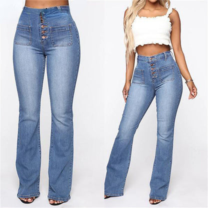 DressBetty - High Waist Elastic Jeans Women Button Washed Denim Pants Femme Pocke