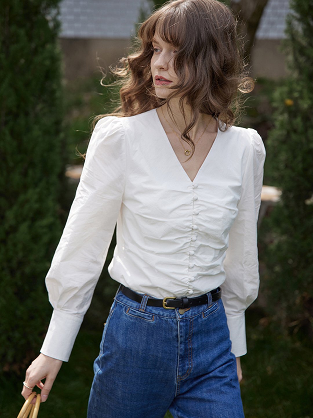 Jasmine Elegant V-Neck Puff sleeve Top-White