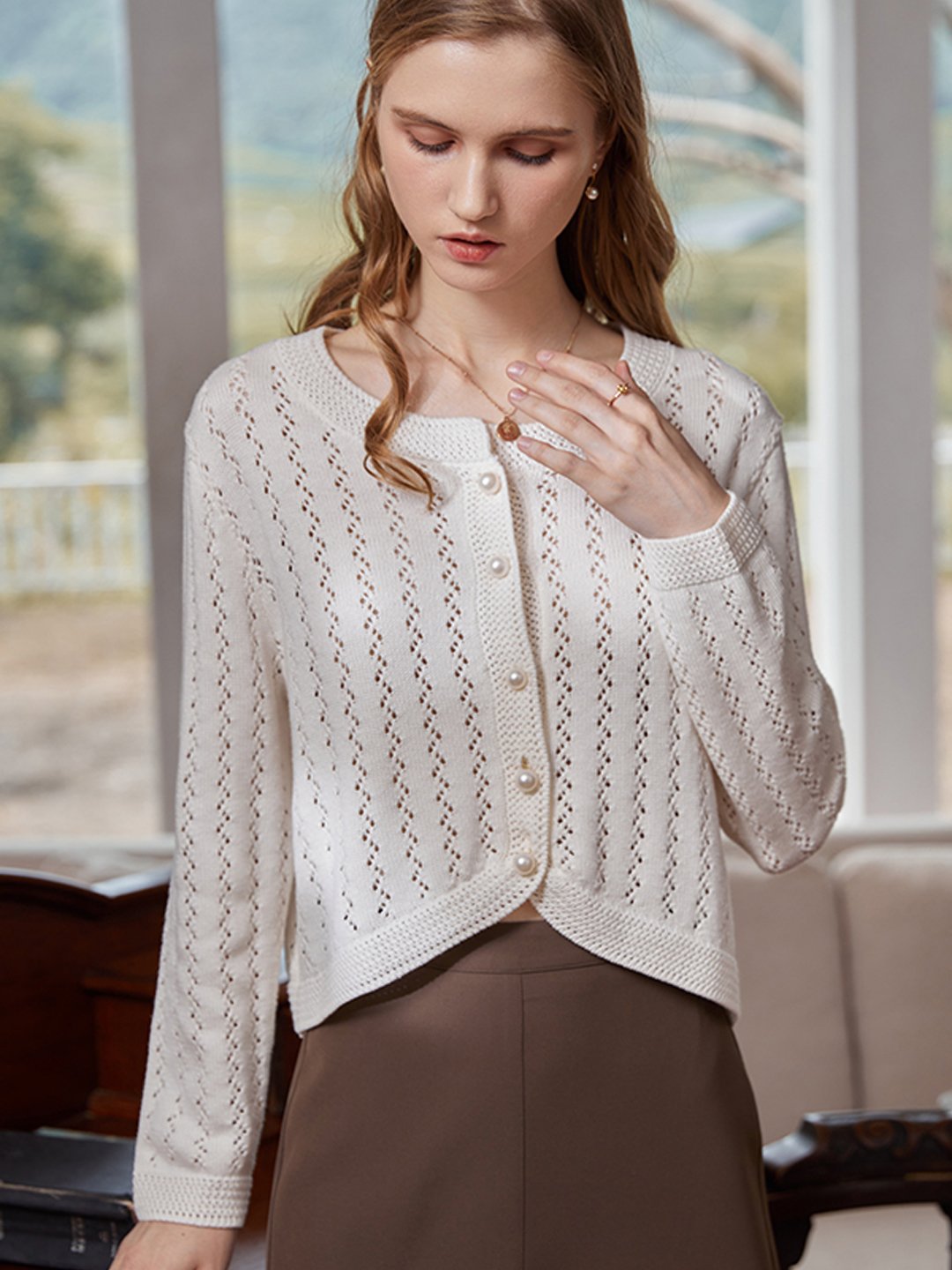 Althea Hollow Classic Knit Cardigan-Green