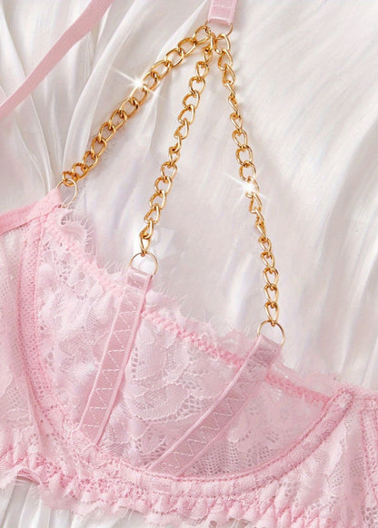 Blush Chain Detail Lace Lingerie Set – Pink Bra & Thong Ensemble for Women