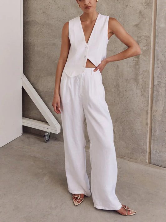Linen Sleeveless Vest & Trousers Two-piece Set